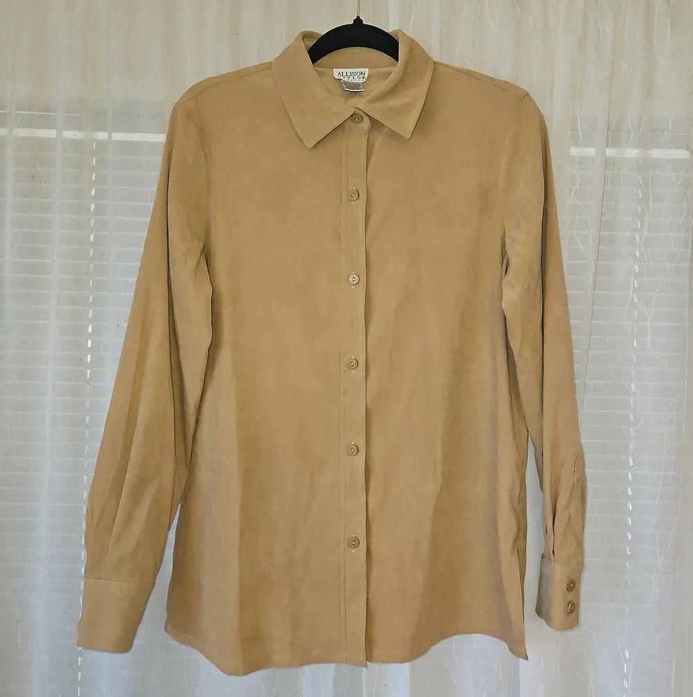 Allison Taylor Stretch Camel Faux Suede Button-Up Shirt